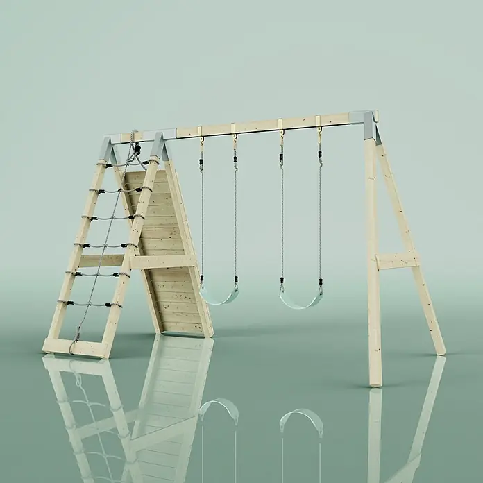 OutdoorToys Schaukel Klettergerüst Biene - B x L: 183 x 322 cm, Holz - Holzspielplatzstruktur mit Kletternetz, Kletterwand und zwei hellgrünen Schaukeln für den Außenbereich.