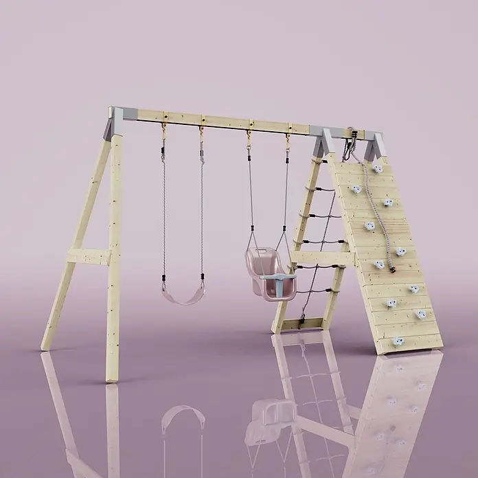OutdoorToys Schaukel Klettergerüst Kuckuck - B x L: 183 x 322 cm, Holz - Holzschaukelset mit zwei rosa Schaukeln (eine Babyschaukel), Seilleiter und Kletterwand mit weißen Griffen.