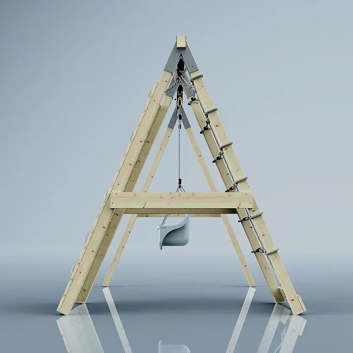 OutdoorToys Schaukel Klettergerüst Schneehase - B x L: 183 x 202 cm, Holz - Hölzernes A-Rahmen-Schaukelgestell mit grauer Babyschaukel und Kletterseilen, gefertigt aus hellem Holz und grauen Metallteilen.