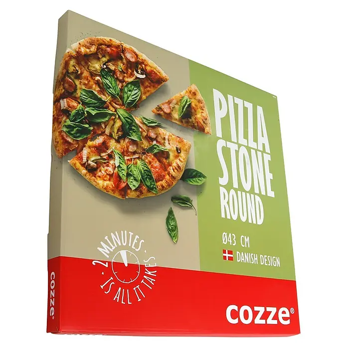 Cozze Pizzastein - Durchmesser: 42,5 cm, Corderit - Cozze Pizzastein Rund Verpackungskarton in Grün und Rot, mit Pizzabild und Produktdetails.