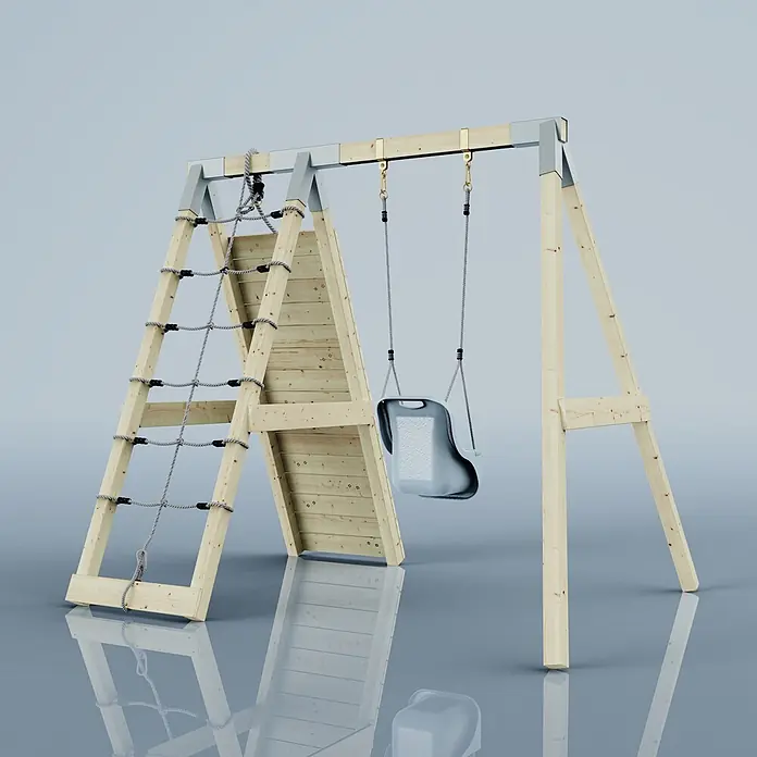 OutdoorToys Schaukel Klettergerüst Schneehase - B x L: 183 x 202 cm, Holz - Holzspielgerüst mit Seilkletternetz auf einer Seite und einer grauen Babyschaukel auf der anderen.