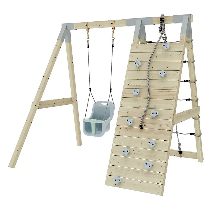 OutdoorToys Schaukel Klettergerüst Schneehase - B x L: 183 x 202 cm, Holz - Hölzernes Kinderspielset mit Schaukel, Kletterwand mit hellblauen Griffen, Kletterseil und seitlichem Kletternetz, mit grauen Metallverbindungen.