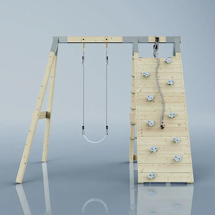 OutdoorToys Schaukel Klettergerüst Chamäleon - B x L: 183 x 202 cm, Holz - Helles Holzschaukel-Set für den Außenbereich mit einer Einzelschaukel und einer Kletterwand mit grauen Griffen und Kletterseil.