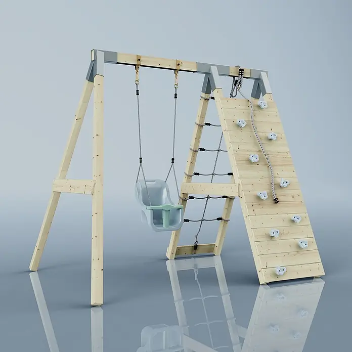 OutdoorToys Schaukel Klettergerüst Schneehase - B x L: 183 x 202 cm, Holz - Hölzernes Kinderspielgerät mit Schaukel, Kletternetz und Kletterwand. Aus Naturholz, mit hellblauer Kunststoffschaukel.
