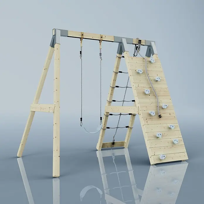 OutdoorToys Schaukel Klettergerüst Chamäleon - B x L: 183 x 202 cm, Holz - Hölzernes Spielgerät mit Schaukel, Kletternetz und Kletterwand mit weißen Griffen.