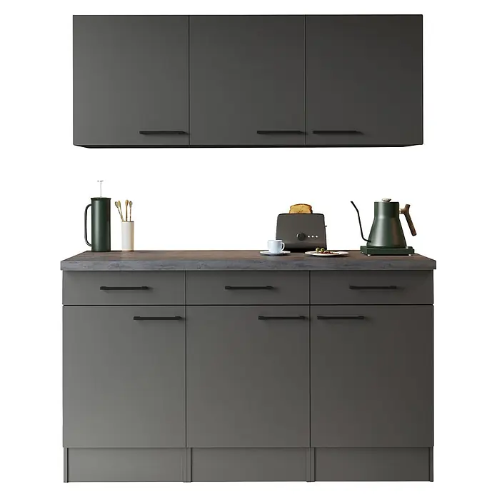 Respekta Oliver Sideboard - Breite: 150 cm, Grau Matt, Mit Oberschrank - Dunkelgraue Küchenunter- und Oberschränke mit Arbeitsplatte in Betonoptik. Mit Toaster, Wasserkocher und Kaffeepresse, für das Frühstück.