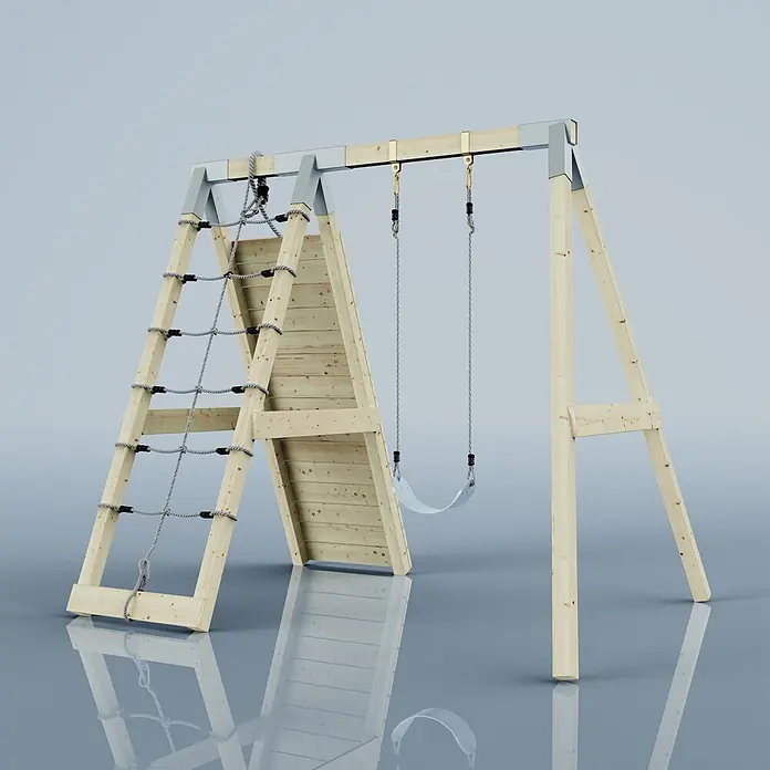 OutdoorToys Schaukel Klettergerüst Chamäleon - B x L: 183 x 202 cm, Holz - Holzspielplatz mit Kletternetz und Einzelschaukel, mit grauen Seilen und Metallverbindern.