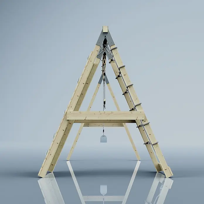 OutdoorToys Schaukel Klettergerüst Waschbär - B x L: 183 x 322 cm, Holz - Hölzernes A-Rahmen Klettergerüst mit Strickleitern, Klettergriffen und zentralem Flaschenzugsystem mit Schaufel.