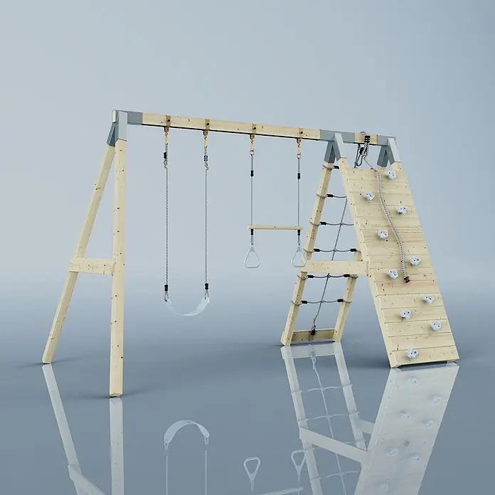 OutdoorToys Schaukel Klettergerüst Waschbär - B x L: 183 x 322 cm, Holz - Hölzerner Schaukel- und Kletterturm mit Schaukel, Ringen, Strickleiter und Kletterwand mit weißen Griffen.