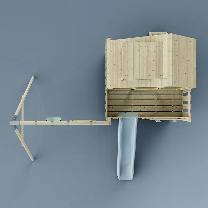 OutdoorToys Klettergerüst Lasse - 399 x 414 x 291 cm, Holz, Blau - Hölzernes Kinder-Spielhaus mit Rutsche und verbundenem Klettergerüst/Brücke in Naturholzoptik.