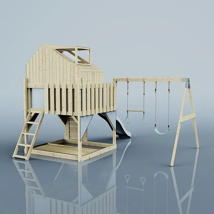 OutdoorToys Klettergerüst Lasse - 399 x 414 x 291 cm, Holz, Blau - Hölzernes Spielset mit Spielhaus, Rutsche, Leiter, Sandkasten und Schaukelgestell mit Normalschaukel und Trapezstangen.