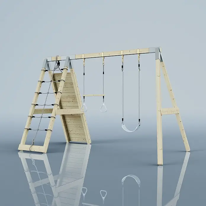 OutdoorToys Schaukel Klettergerüst Waschbär - B x L: 183 x 322 cm, Holz - Leichter Holz-A-Rahmen-Kletterturm mit Strickleiter, Kletterwand, Turnringen und Schaukel.