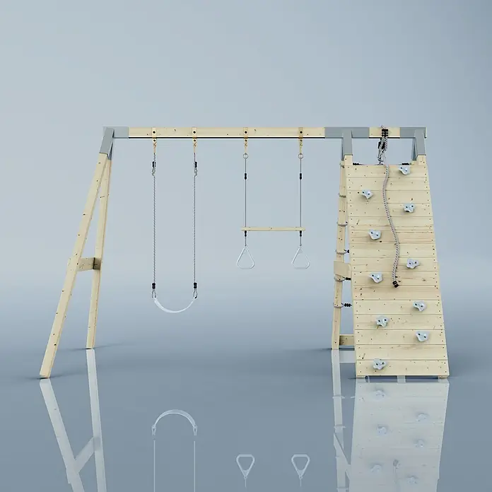 OutdoorToys Schaukel Klettergerüst Waschbär - B x L: 183 x 322 cm, Holz - Hölzerner Outdoor-Spielplatz mit Schaukel, Turnringen und Kletterwand mit grauen Griffen.