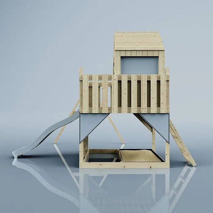 OutdoorToys Klettergerüst Lasse - 399 x 414 x 291 cm, Holz, Blau - Hölzernes Spielhaus mit erhöhter Plattform, grauer Rutsche und integriertem Sandkasten. Aus Naturholz gefertigt.