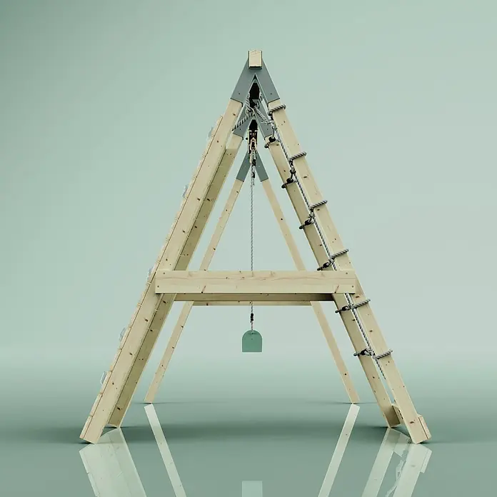 OutdoorToys Schaukel Klettergerüst Chamäleon - B x L: 183 x 202 cm, Holz - Klettergerüst aus Holz in A-Form mit Strickleiter, Klettergriffen und grüner Hängeschaufel.