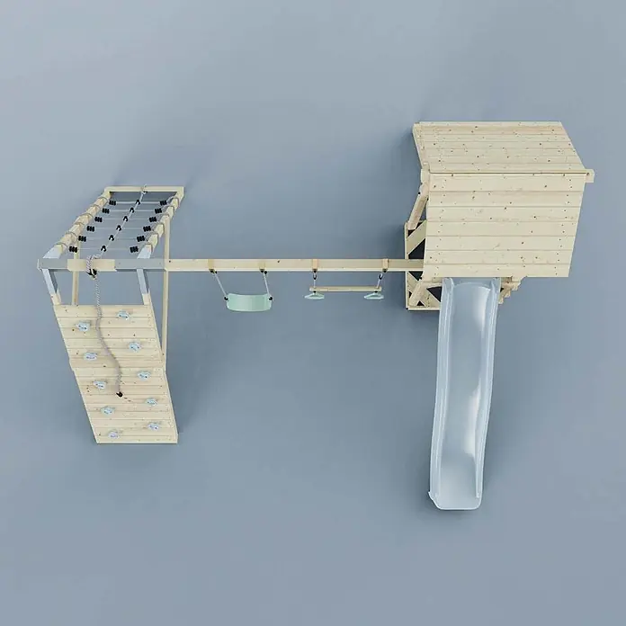 OutdoorToys Klettergerüst Kiruna - Holz, Blau - Hölzerne Spielturm mit Kletterwand, Strickleiter, zwei Schaukeln, Spielhaus und klarer Rutsche.