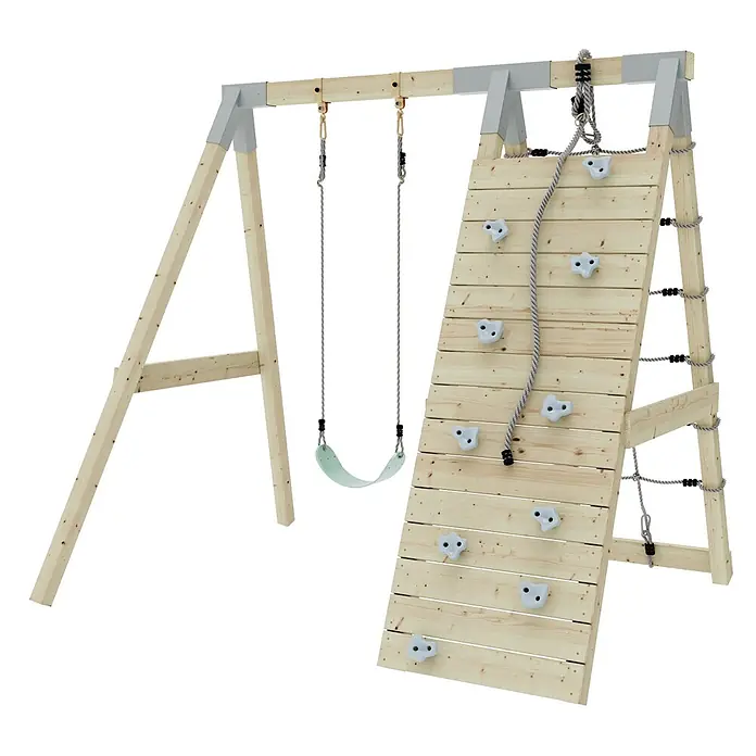 OutdoorToys Schaukel Klettergerüst Chamäleon - B x L: 183 x 202 cm, Holz - Hölzernes Schaukelgerüst mit hellgrüner Schaukel, Kletterwand mit weißen Griffen und Seilleiter. Aus Naturholz und grauen Verbindern.