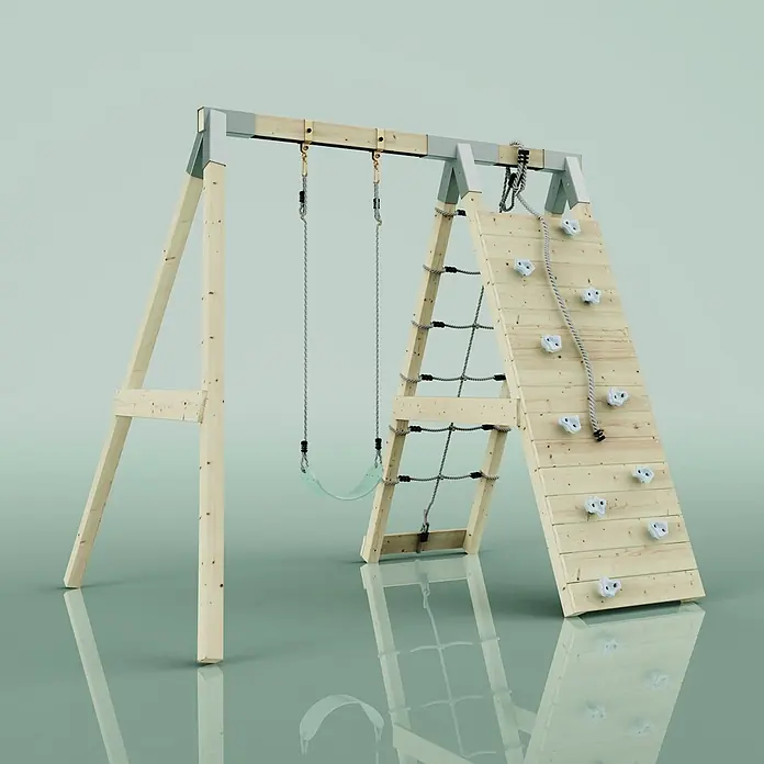 OutdoorToys Schaukel Klettergerüst Chamäleon - B x L: 183 x 202 cm, Holz - Holzspielplatz mit Schaukel, Kletternetz und Kletterwand.
