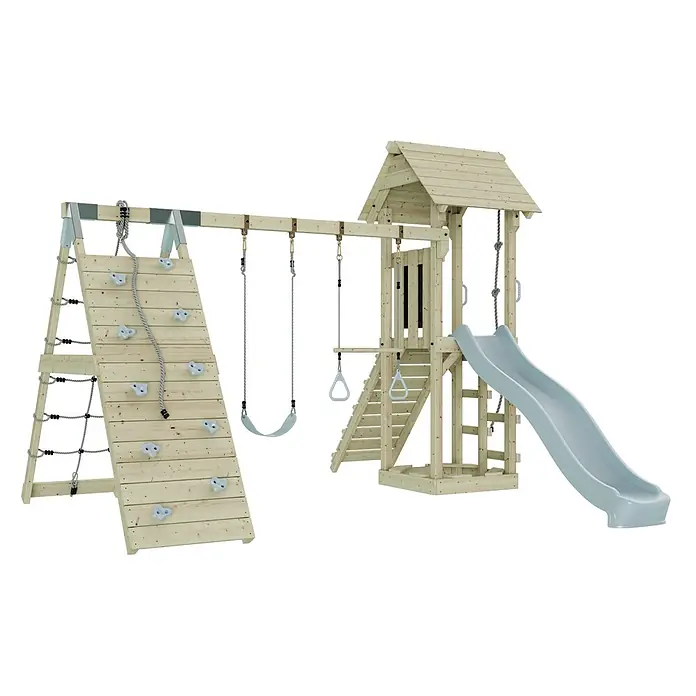 OutdoorToys Klettergerüst Kiruna - Holz, Blau - Hölzernes Spielset mit Kletterwand, Strickleiter, zwei Schaukeln, Turnringen, Kletterseil, Turm und blauer Rutsche.