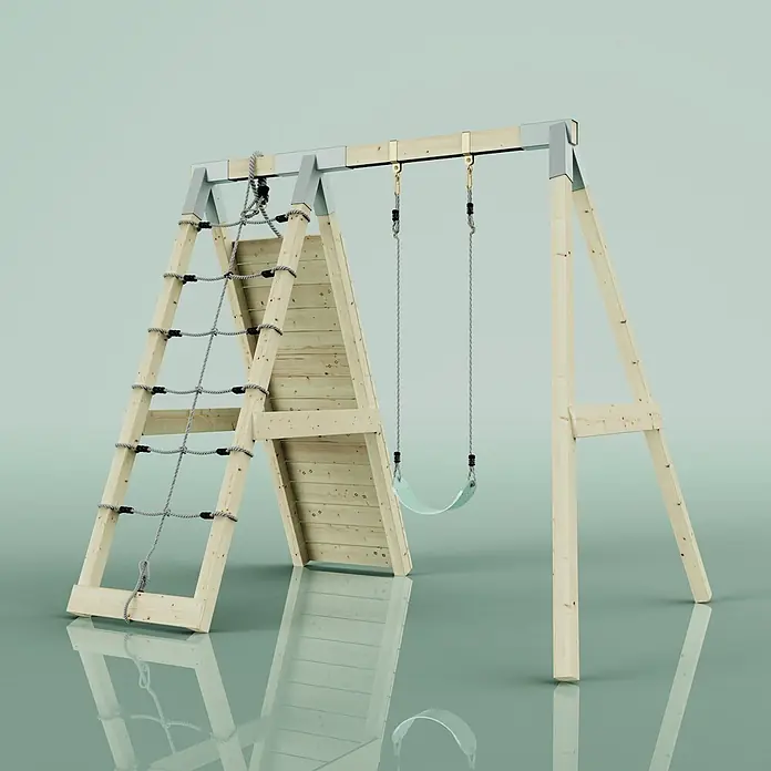 OutdoorToys Schaukel Klettergerüst Chamäleon - B x L: 183 x 202 cm, Holz - Hölzernes A-Rahmen Schaukelset mit Kletternetz auf einer Seite und hellgrüner Schaukel auf der anderen.