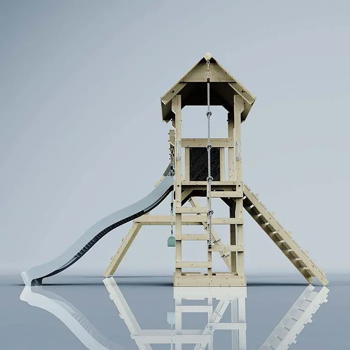 OutdoorToys Klettergerüst Kiruna - Holz, Blau - Hölzerner Spielturm mit grauer Wellenrutsche, Kletterseil und Leiter für den Spielplatz im Freien.