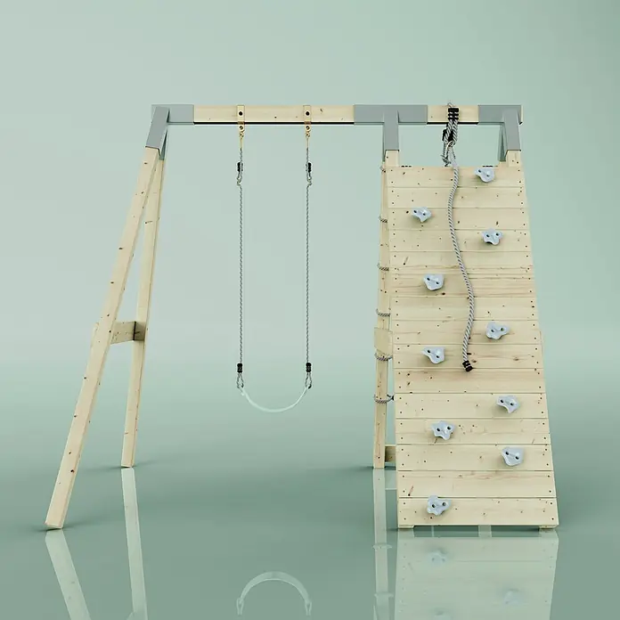 OutdoorToys Schaukel Klettergerüst Chamäleon - B x L: 183 x 202 cm, Holz - Hölzerne Spielstruktur mit Schaukel und Kletterwand. Mit hellem Holz, grauem Metall, einer hellgrünen Schaukel und grauen Klettergriffen.