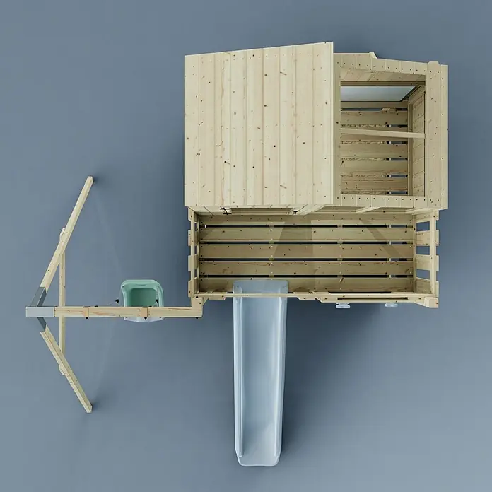 OutdoorToys Klettergerüst Lotta Blau - Holz, Blau - Hölzernes Kinderspielgerüst mit hellblauer Rutsche und grünem Sitz, von oben.