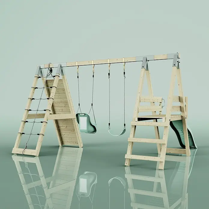 OutdoorToys Schaukel Klettergerüst Schmetterling - B x L: 288 x 370 cm, Holz - Hölzernes Kinderspielgerät mit Kletternetz, zwei Schaukeln (Babyschaukel und Standardschaukel) und Rutsche.