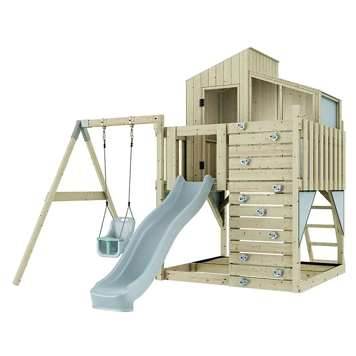 OutdoorToys Klettergerüst Lotta Blau - Holz, Blau - Hölzernes Spielplatz-Set mit Turm, Rutsche, Kletterwand und Schaukel. Naturholz mit grauen und grünen Akzenten.