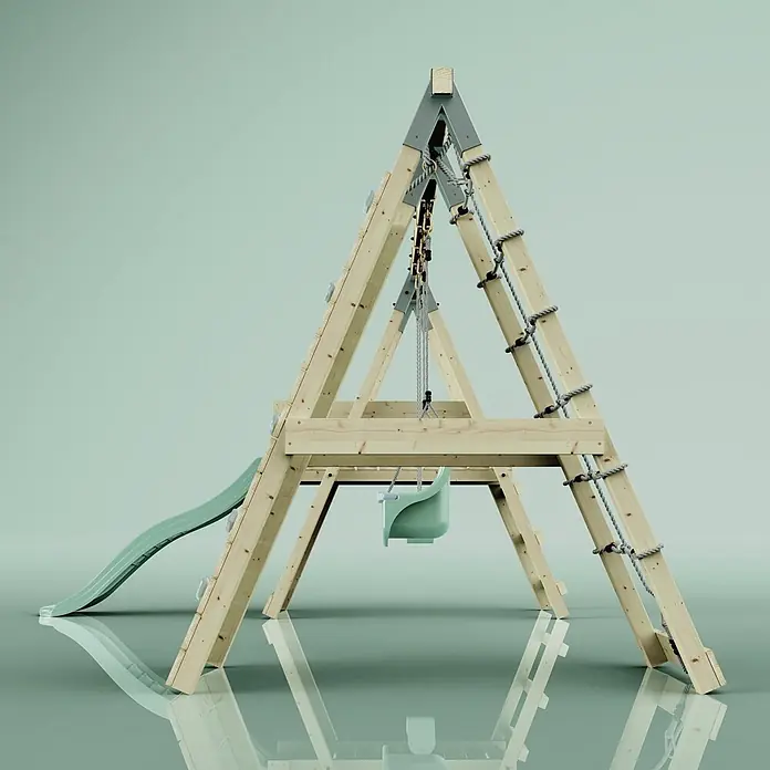 OutdoorToys Schaukel Klettergerüst Schmetterling - B x L: 288 x 370 cm, Holz - Spielplatz aus hellem Holz im A-Rahmen-Design mit grüner Rutsche, grüner Babyschaukel und Strickleiter.