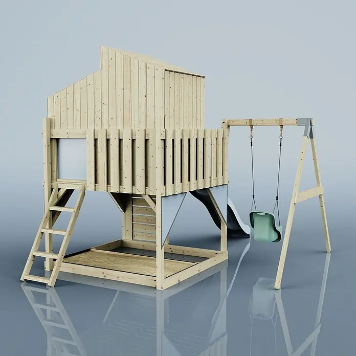 OutdoorToys Klettergerüst Lotta Blau - Holz, Blau - Hölzernes Spielhaus mit Rutsche, Sandkasten und Schaukel für Kinder. Aus Naturholz, mit grünem Schaukelsitz und schwarzer Rutsche.