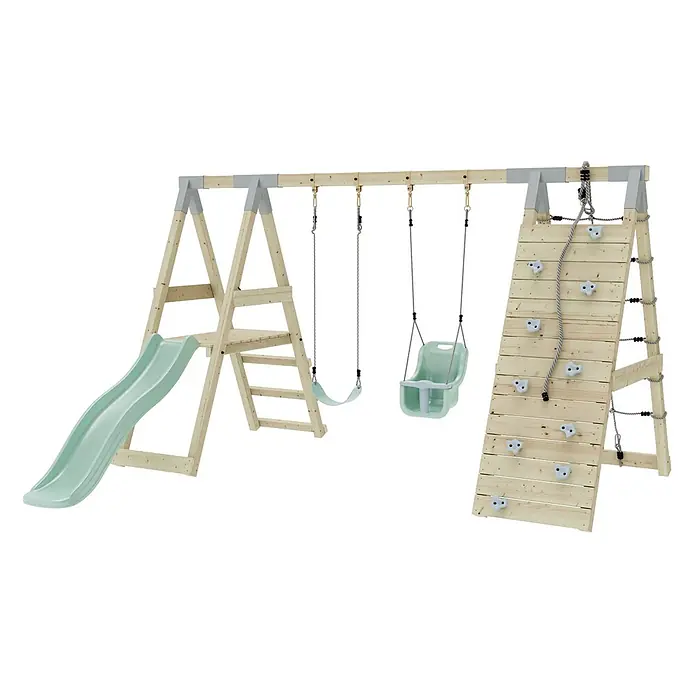 OutdoorToys Schaukel Klettergerüst Schmetterling - B x L: 288 x 370 cm, Holz - Hölzernes Spielset mit hellgrüner Rutsche, zwei Schaukeln (Babyschaukel und Brettschaukel) und Kletterwand mit weißen Griffen.