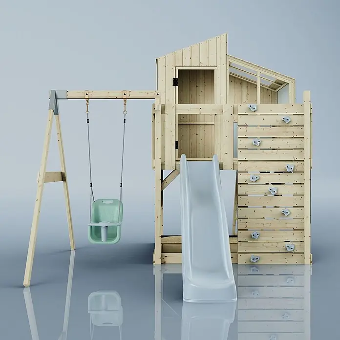 OutdoorToys Klettergerüst Lotta Blau - Holz, Blau - Hölzernes Kinderspielset mit hellgrauer Rutsche, grüner Babyschaukel und Kletterwand.