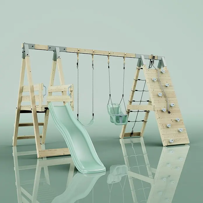 OutdoorToys Schaukel Klettergerüst Schmetterling - B x L: 288 x 370 cm, Holz - Hölzernes Spielgerüst mit hellgrüner Rutsche und Schaukeln, Kletternetz und Kletterwand mit weißen Griffen.
