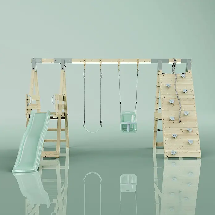 OutdoorToys Schaukel Klettergerüst Schmetterling - B x L: 288 x 370 cm, Holz - Hölzernes Kinderspielgerät mit hellgrüner Rutsche, zwei Schaukeln (eine Babyschaukel) und Kletterwand mit Seil und Griffen.