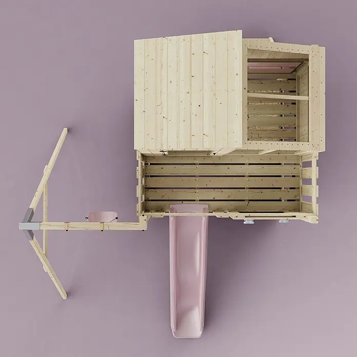 OutdoorToys Klettergerüst Lotta - 308 x 414 x 291 cm, Holz, Rosa - Hölzerne Kinderspielstruktur mit rosa Rutsche und kleinem rosa Sitz, zum Klettern und Spielen.
