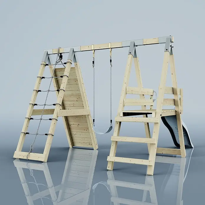 OutdoorToys Schaukel Klettergerüst Pinguin - B x L: 288 x 370 cm, Holz - Spielplatzset aus hellem Holz mit Kletternetz, Schaukel und Rutsche. Graue Seile und Metall.