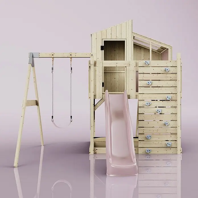 OutdoorToys Klettergerüst Lotta - 308 x 414 x 291 cm, Holz, Rosa - Hölzernes Spielgerät mit Haus, rosa Rutsche, Kletterwand mit blauen Griffen und Schaukel mit rosa Sitz.