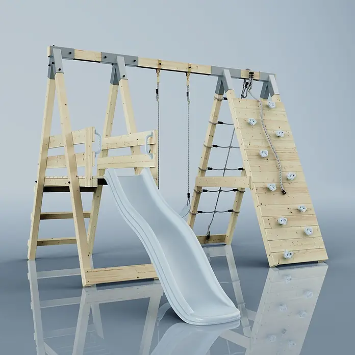 OutdoorToys Schaukel Klettergerüst Pinguin - B x L: 288 x 370 cm, Holz - Holzspielplatz-Set mit Rutsche, Kletterwand mit weißen Griffen, Kletternetz und Schaukeln.