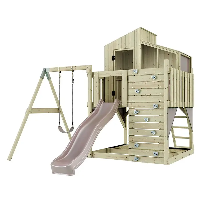 OutdoorToys Klettergerüst Lotta - 308 x 414 x 291 cm, Holz, Rosa - Hölzerner Kinderspielturm mit rosa Rutsche, zwei Schaukeln und Kletterwand.