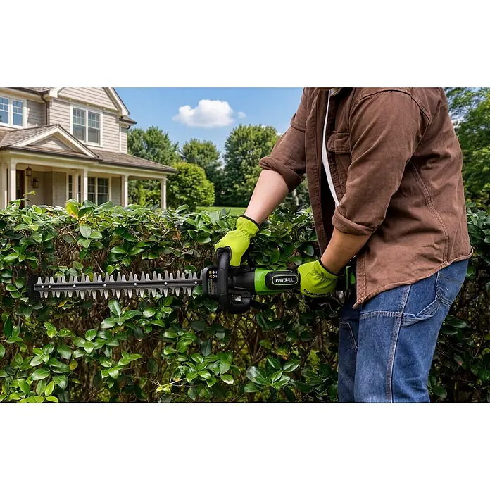 Greenworks Akku-Heckenschere GW 24V BL 61 cm - 24 V, Li-Ionen, 1 Akku, Schwertlänge: 61 cm - Eine Person in grünen Handschuhen trimmt eine grüne Hecke mit einer grünen und schwarzen elektrischen Heckenschere.