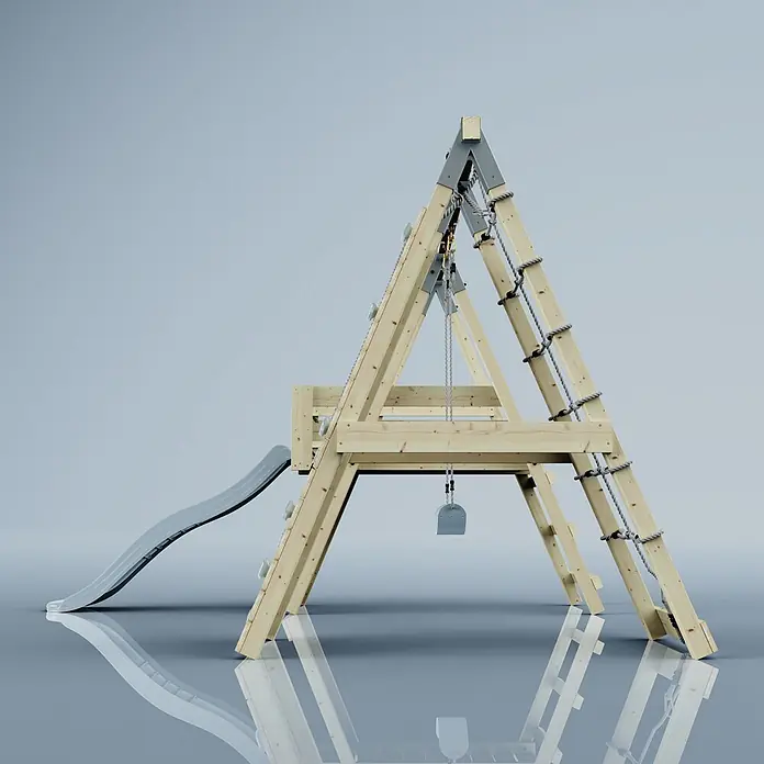 OutdoorToys Schaukel Klettergerüst Pinguin - B x L: 288 x 370 cm, Holz - Hölzernes A-Rahmen-Spielgerüst mit Rutsche, Kletterwand, Strickleiter und hängendem Eimer.