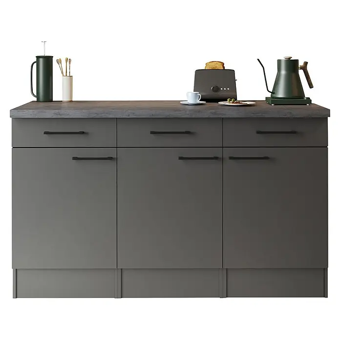 Respekta Oliver Sideboard - Breite: 150 cm, Grau Matt, Ohne Oberschrank - Dunkelgrauer Küchenunterschrank mit grauer Arbeitsplatte, dekoriert mit Kaffee- und Frühstücksartikeln wie Kaffeepresse, Toaster und Wasserkocher.