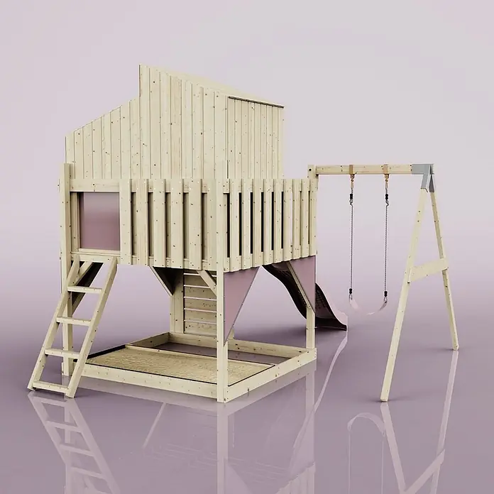 OutdoorToys Klettergerüst Lotta - 308 x 414 x 291 cm, Holz, Rosa - Helles Holz-Spielset mit erhöhtem Spielhaus, Rutsche, Sandkasten und angebauter Schaukel mit zwei rosa Schaukeln.