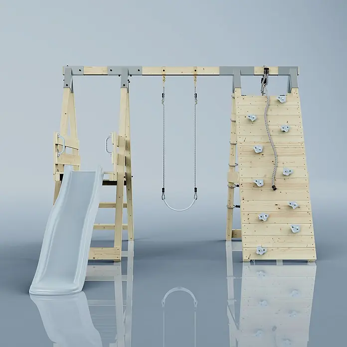 OutdoorToys Schaukel Klettergerüst Pinguin - B x L: 288 x 370 cm, Holz - Hölzernes Outdoor-Spielgerät mit weißer Rutsche, Schaukel und Kletterwand mit weißen Griffen und Seil.