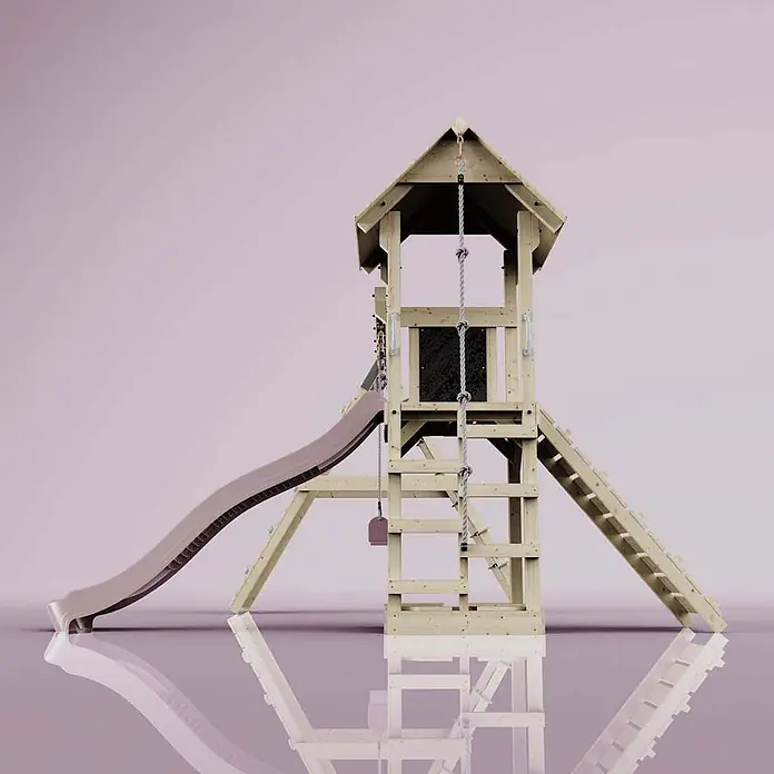 OutdoorToys Klettergerüst Kiruna - Holz, Rosa - Hölzerner Spielturm mit taupefarbener Wellenrutsche, Kletterseil und Holzleiter.