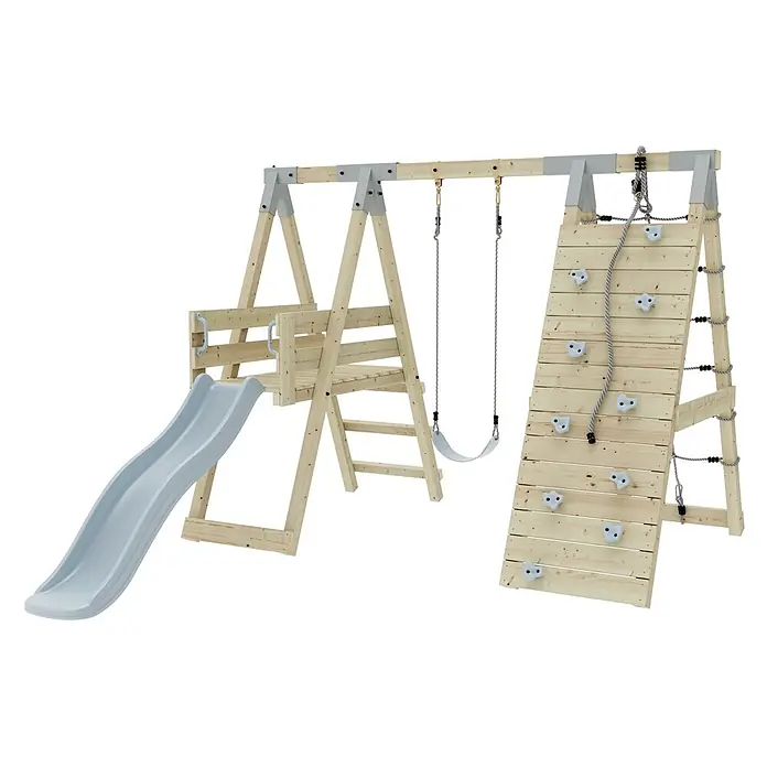 OutdoorToys Schaukel Klettergerüst Pinguin - B x L: 288 x 370 cm, Holz - Kinderspielplatz aus Holz mit hellblauer Rutsche, zwei Schaukeln und Kletterwand mit weißen Griffen und Seil.
