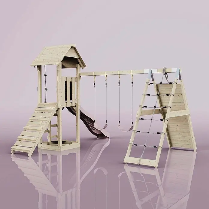 OutdoorToys Klettergerüst Kiruna - Holz, Rosa - Hölzerner Kinderspielplatz mit Turm, Rutsche, zwei Schaukeln und Kletternetz.