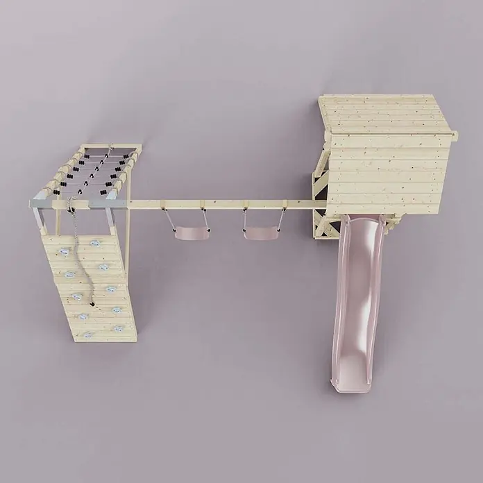 OutdoorToys Klettergerüst Kiruna - Holz, Rosa - Hölzernes Spielset mit Kletterwand, Hangelstangen, zwei rosa Schaukeln, einem Spielhaus und einer rosa Rutsche.