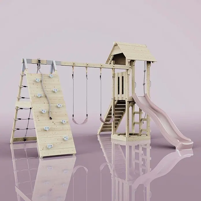 OutdoorToys Klettergerüst Kiruna - Holz, Rosa - Holzspielplatz mit Kletterwand, zwei rosa Schaukeln, einem Turm und einer rosa Rutsche.